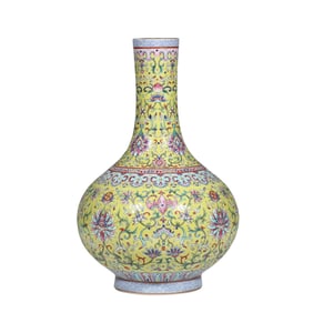 Qianlong Mark and Period Famille-Rose Yellow-Ground Vase with Lotus Scrolls