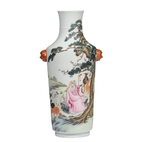 Famille Rose Vase with Figural Scene and Twin Beast Handles, Yongzheng Period