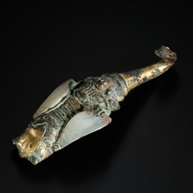 Warring States Period Bronze Belt Hook with Gold Inlay and Jade Inset