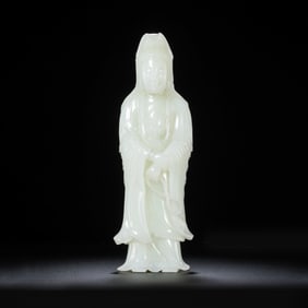 Qing Dynasty Hetian Jade Standing Guanyin
