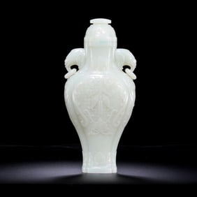 Qing Dynasty Hetian White Jade Vase with Dragon Handles and Loose Rings