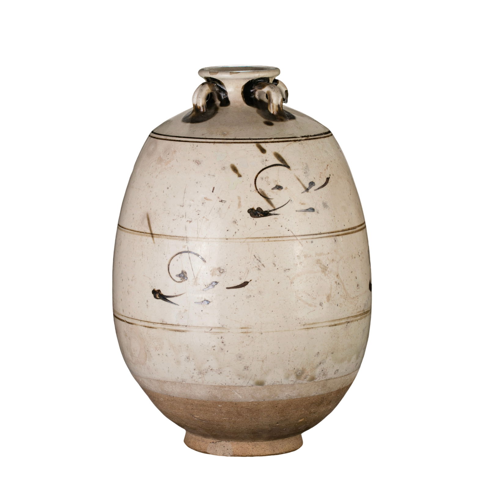 Liao–Jin Dynasty White Glazed Jar with Black-painted Decoration and Triple Lugs (1 of 8)