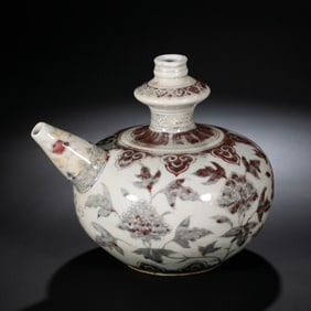 Early Ming Dynasty Blue and White with Underglaze Red Floral Ewer