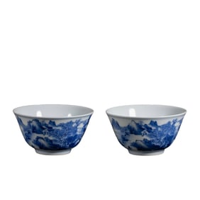 Pair of Blue and White Porcelain Bowls with Landscape and Figures