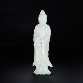 White Hetian Jade Standing Guanyin Figure, Qing Dynasty