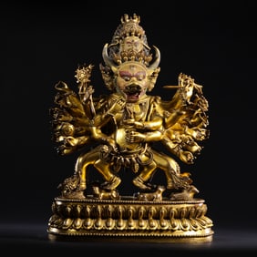 17th Century, Tibet Gilt Bronze Statue of Yamantaka (Vajrabhairava)