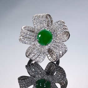 Modern Platinum and Diamond Floral Ring with Imperial Green Jadeite