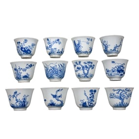 Set of Twelve Blue and White “Flower God?? Cups (Shier Huashen Bei)