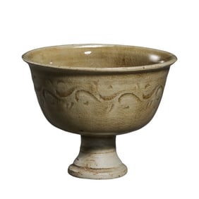 Yue Ware Celadon Stem Cup with Carved Decoration, Five Dynasties Period