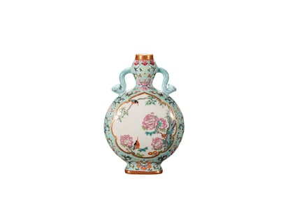 Famille-Rose Moon Flask with Floral and Bird Decoration, Qianlong Mark and Period