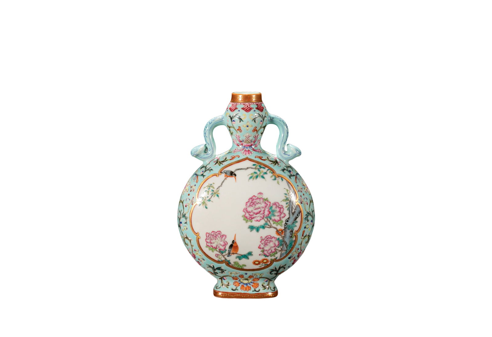 Famille-Rose Moon Flask with Floral and Bird Decoration, Qianlong Mark and Period: Period: Qing Dynasty, Qianlong Reign (1736–1795)Dimension: Height approx. 19 cm; Mouth diameter approx. 2.5 cmCondition: Excellent overall condition; well-proportioned form with smooth lines and lus