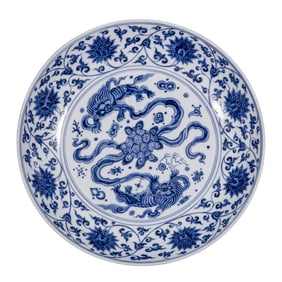 Large Blue and White Dish with Sea Beasts and Lotus Scrolls, Chenghua Mark and Period
