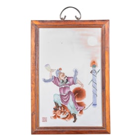 Famille-Rose Porcelain Plaque with Figure of a Warrior