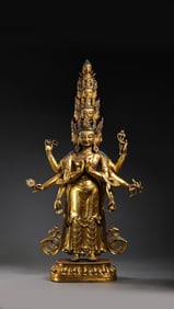 Gilt Bronze Standing Avalokiteshvara with Multiple Arms