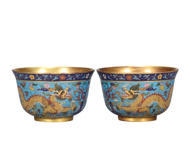 Pair of Cloisonné Enamel Bowls with Gilt Dragons