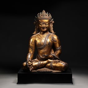 15th Century Tibetan Gilt Bronze Seated Shakyamuni Buddha