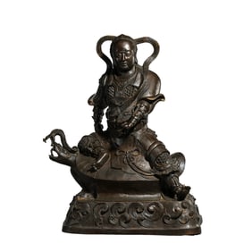 Bronze Seated Guardian Deity on Tortoise and Serpent