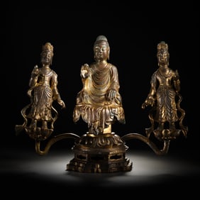 Gilt Bronze Triad of Buddha and Attendant Bodhisattvas