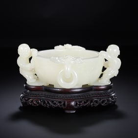 White Hetian Jade Bowl with Boys Holding Rings and Auspicious Motifs