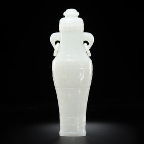 Qing Dynasty Hetian Jade Vase with Beast Handles and Movable Rings