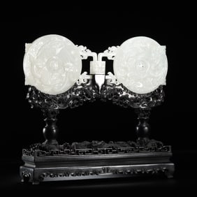 Qing Dynasty Hetian Jade Display Stand with Twin Dragon Bi Discs