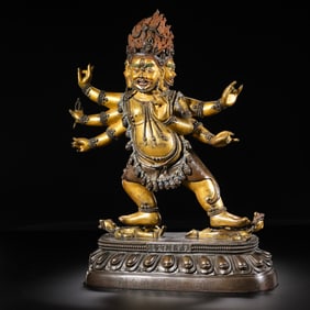 Gilt Bronze Three-Headed, Six-Armed Protector Deity from the “Six Grades Buddha Pavilion