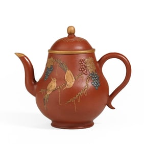 Yixing Zisha Teapot with Painted Bird and Grape Motif