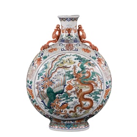 Qing Dynasty Qianlong Wucai “Dragon and Phoenix?? Moon Flask