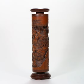 Qing Dynasty Carved Bamboo Incense Holder with Landscape and Figures