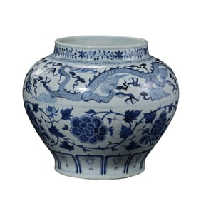 Yuan Dynasty Blue and White Jar with Dragon and Peony Scroll Design