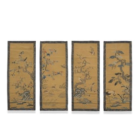 Qing Dynasty Set of Four Silk Embroidered Panels with Birds and Flowers