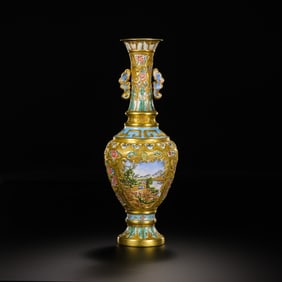 Qing Dynasty Qianlong Period Pure Gold Enamel Vase with Landscape and Floral Design