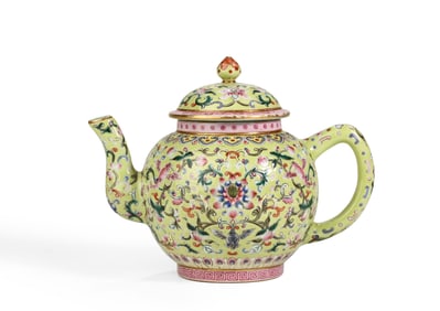 Qing Dynasty Qianlong Period Yellow-Ground Famille-Rose Teapot with Lotus Scrolls