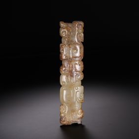 Warring States Period Hetian Jade Pillar with Taotie Mask Design