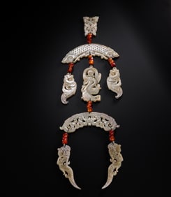 Warring States Period Hetian Jade Openwork Group Pendant with Dragon, Phoenix, and Human Figures
