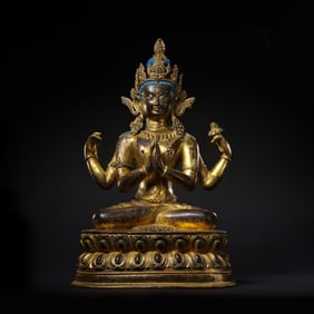 18th Century Tibetan Gilt Bronze Seated Four-Armed Avalokiteshvara (Chaturbhuja Avalokiteshvara)