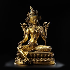 15th Century Tibetan Gilt Bronze Seated Green Tara