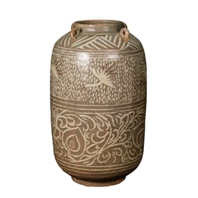 Goryeo Dynasty Carved Celadon Vase with Crane Motif