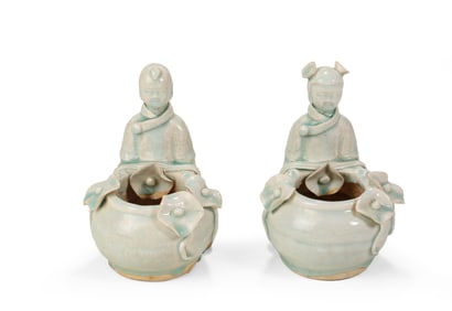 Pair of Song Dynasty Hutian Kiln Celadon Figures with Lotus Water Pots