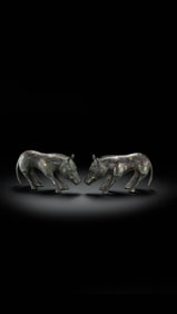 Warring States Period Bronze Pair of Beasts Inlaid with Gold and Silver