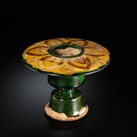 Tang Dynasty Sancai-Glazed Stem Dish with Floral Petal Design