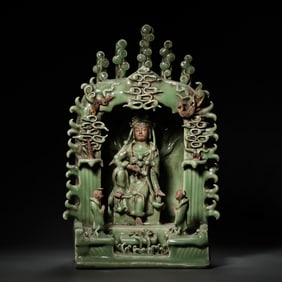 Song Dynasty Longquan Celadon Guanyin Seated Figure in Shrine