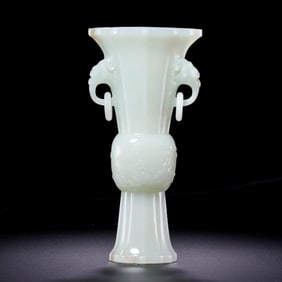 Qing Dynasty Hetian Jade Gu-Shaped Vase with Chilong Handles and Loose Rings