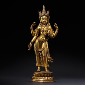17th Century Tibetan Gilt Bronze Standing Buddha
