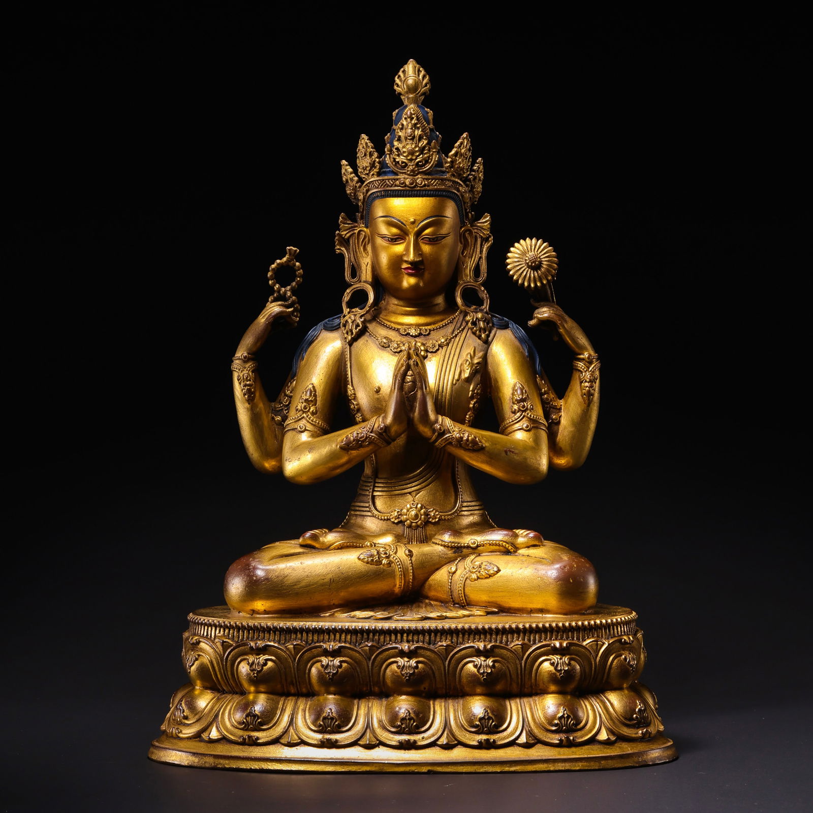 18th Century Tibetan Gilt Bronze Seated Buddha (Four-Armed Avalokiteshvara) (1 of 13)