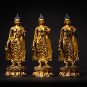 18th Century Tibetan Gilt Bronze Triad of Standing Buddhas