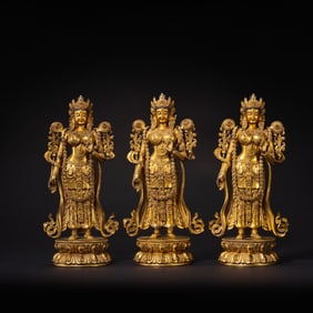 18th Century Tibetan Gilt Bronze Triad of Standing Bodhisattvas