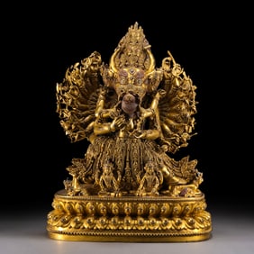 15th Century Tibetan Gilt Bronze Statue of Yamantaka (Vajrabhairava)