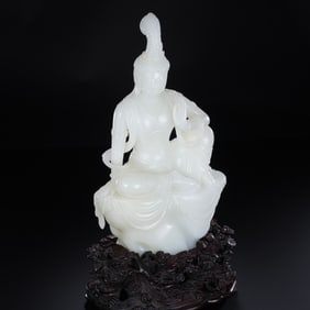 Qing Dynasty – White Hetian Jade Figure of Guanyin