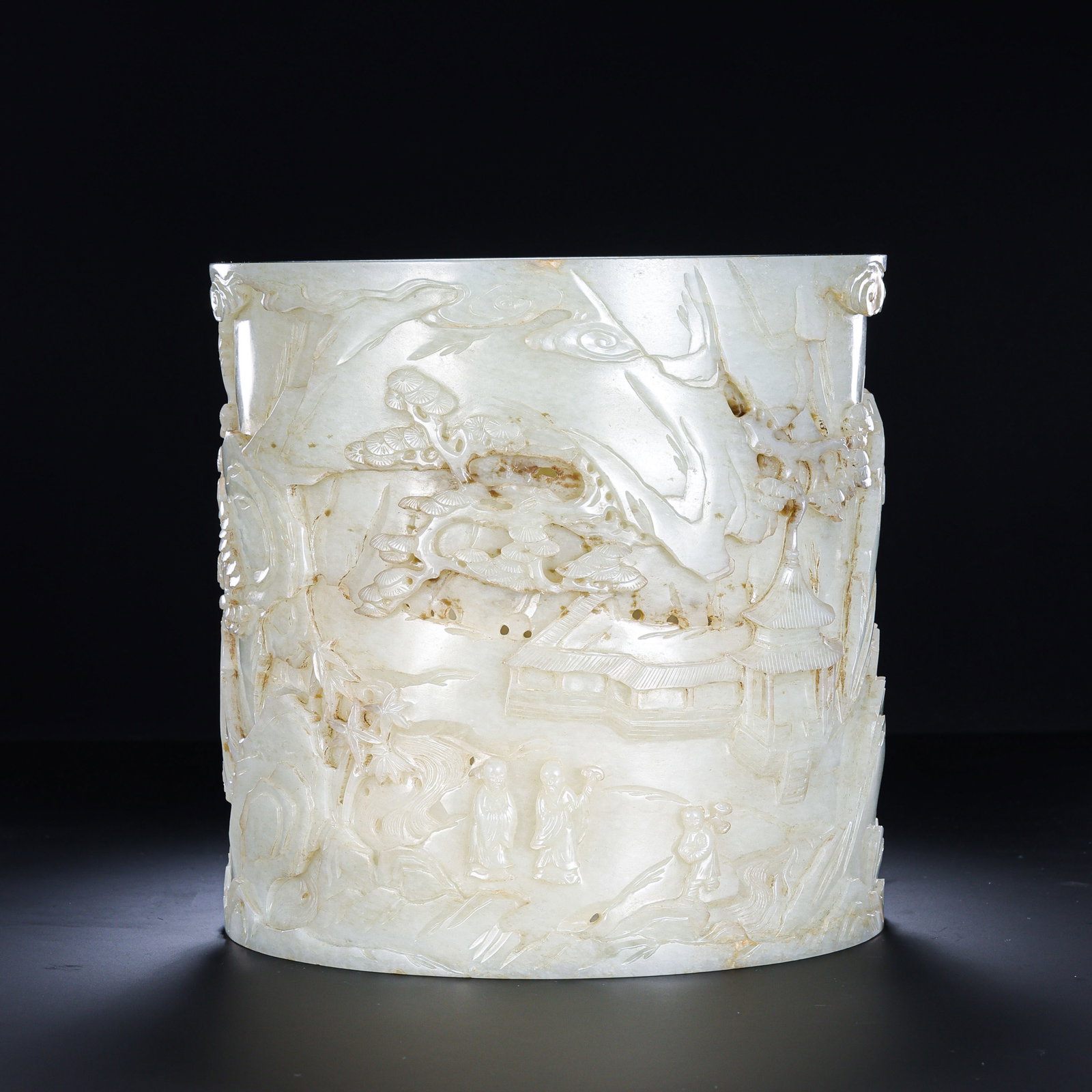 A Chinese Qing Dynasty Hetian Jade Brush Pot with Landscape and Figural Decoration (1 of 11)